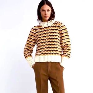 Zara Chunky Knit Striped Sweater Golden/Yellow Red Black Mock Neck | Size Small